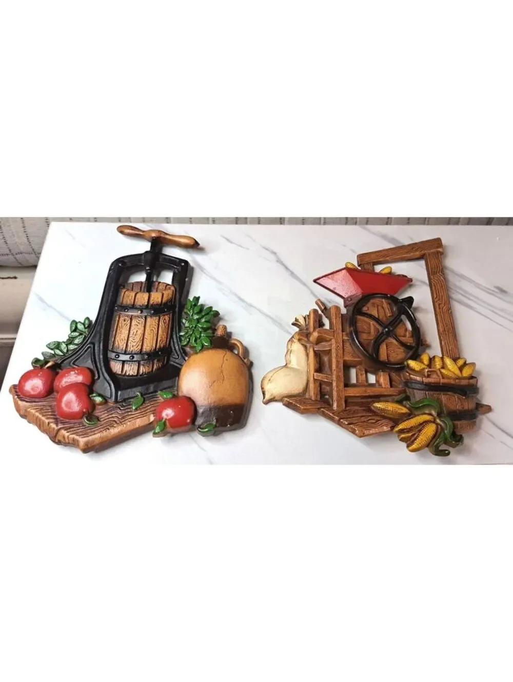 Vintage Rustic Cottage 1970's Homco Farmhouse Cider Press Kitchen Wall Plaques